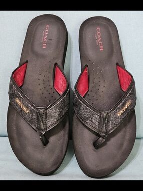 Coach Black Leather Sandals with Gold Logo and Red Accent